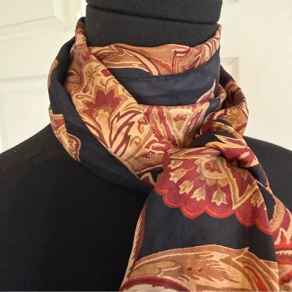 Lauren Ralph Lauren Silk Scarf Navy Paisley Fringe Boho Equestrian Wrap - Picture 4 of 4